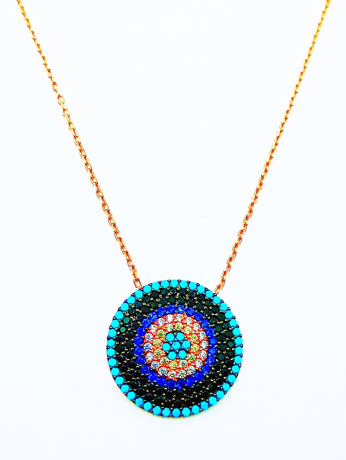 Silver 925 evil eye rose gold necklace, MODEL--COLOR-PENDANT SIZE-CHAIN LENGTH: 1-Rose-PENDANT Diameter : 2cm-Chain Length: 42+3cm Adjustable