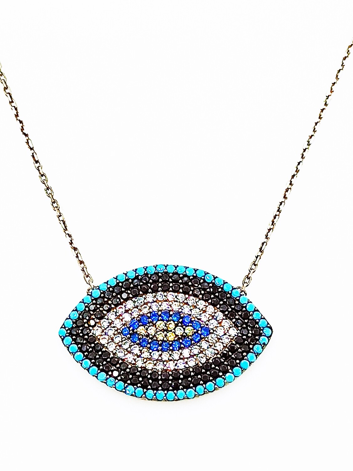 Silver 925 evil eye colorful stone necklace, MODEL-SIZE-CHAIN LENGTH: 1-PENDANT Height: 2.6cm-Width: 1.7cm-Chain Length: 42+3cm Adjustable