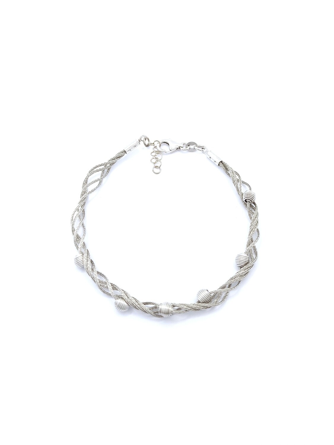 Silver 925 knitted chain hand bracelet, MODEL-COLOR-BALL SIZE-CHAIN LENGTH: 1-White-Ball Width: 5mm-Chain Length: 18+2cm Adjustable