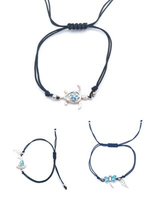 Silver 925 turtle,boat or dragonfly hand cord bracelet opal stone