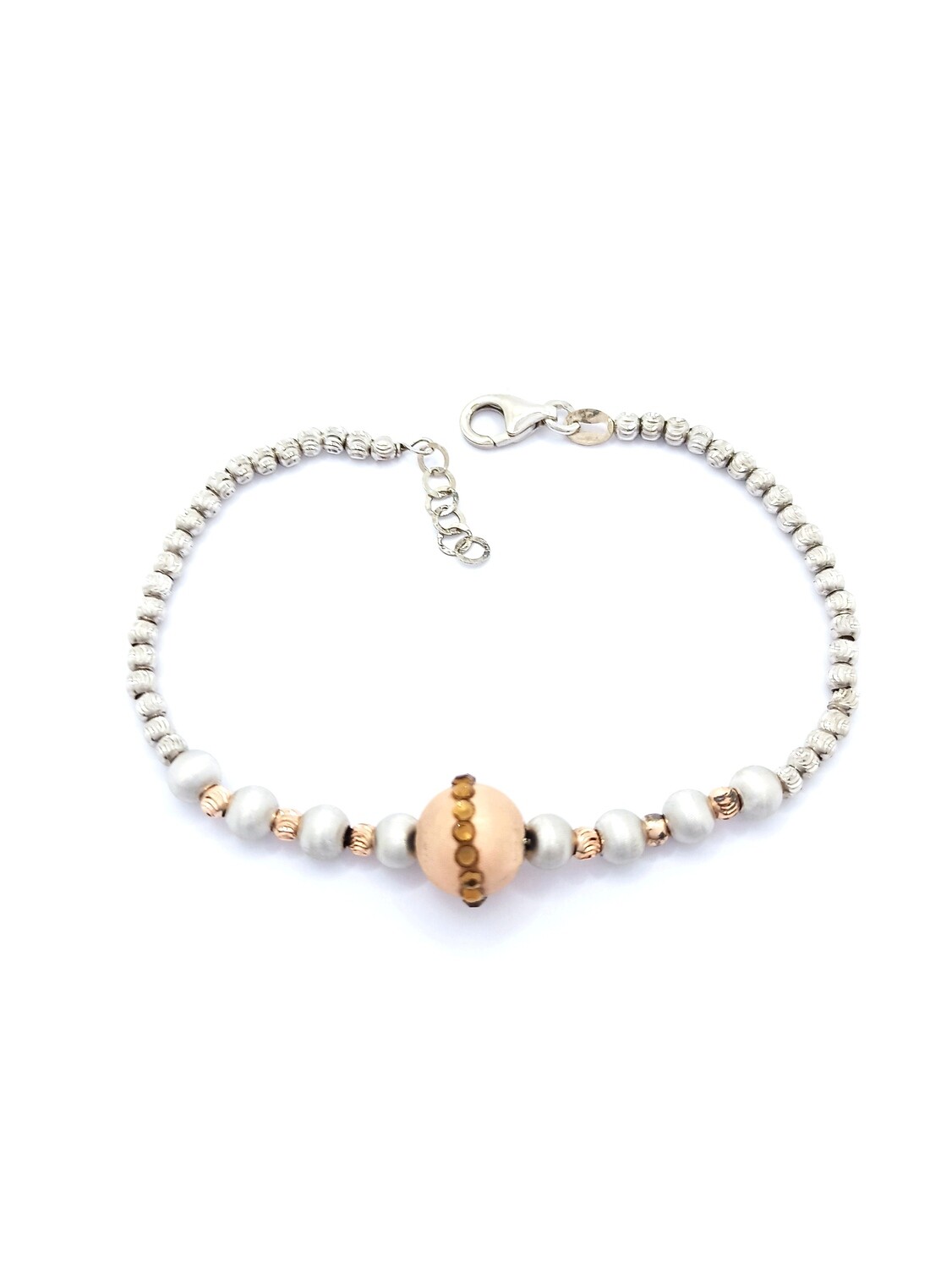 Silver 925 sandblasted ball hand bracelet, MODEL-COLOR-CHAIN LENGTH: 1-White &amp; Rose gold plated-Chain Length: 18+1.5cm Adjustable
