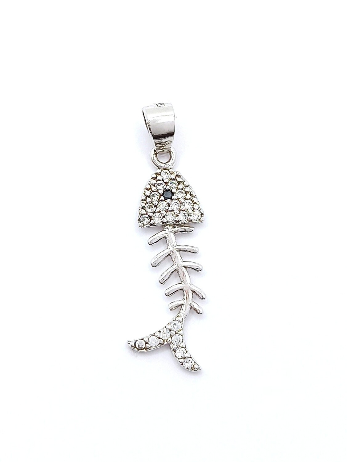 Silver 925 white stone fishbone pendant, MODEL-SIZE: 1 Pendant length : 3cm-Width : 1cm
