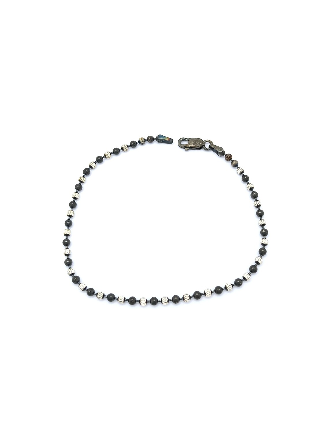 Silver 925 diamond cut ball hand bracelet, MODEL-COLOR-BALL WIDTH-BRACELET LENGTH: 1-Black and Silver -Ball Width: 2.50mm-Bracelet Length: 18.5cm Adjustable