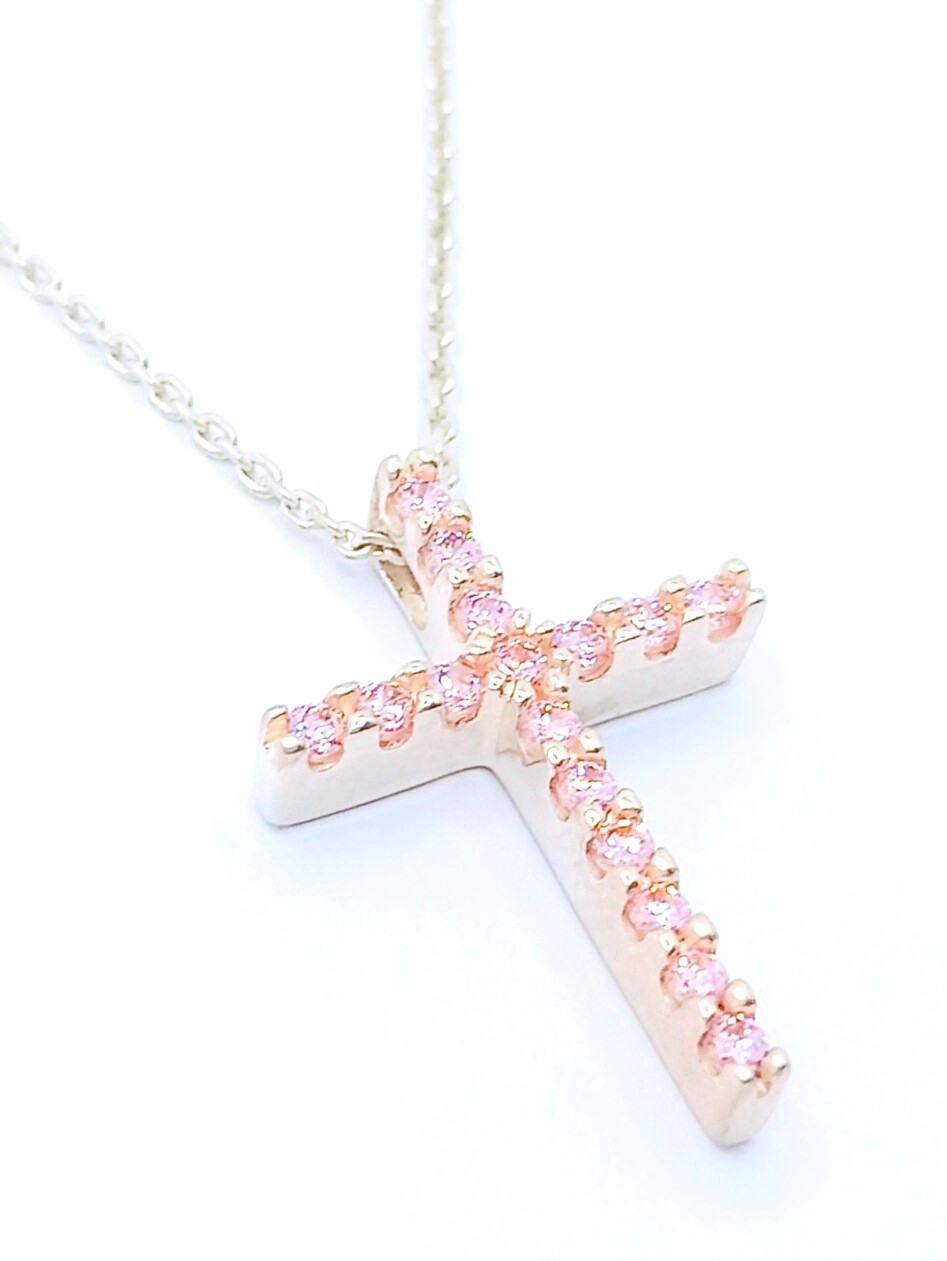 Silver 925 pink or white stone cross necklace, MODEL-COLOR-STONE COLOR-CHAIN LENGTH: 1-925 Sterling Silver-CZ Pink zirconia-Chain Length: 40.5+4cm Adjustable