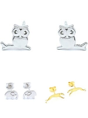 Silver 925 owl bird elephant dog stud earring