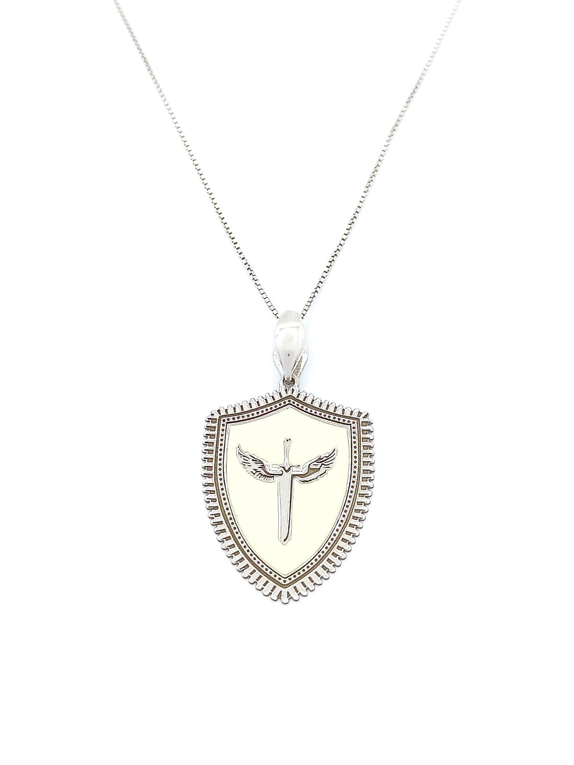 Silver 925 Archangel Michael Angel shield design necklace, MODEL-COLOR-PENDANT SIZE-CHAIN LENGTH: 1-White-Pendant Height: 3.3cm-Width: 2cm-Chain Length: 45cm