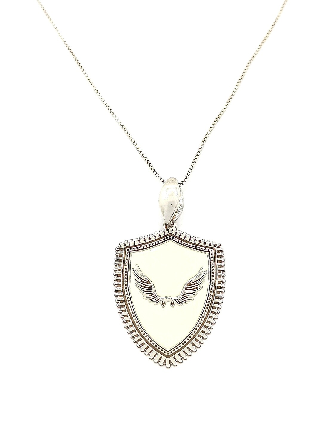 Silver 925 angel wing shield necklace, MODEL-COLOR-PENDANT SIZE-CHAIN LENGTH: 1-White-Pendant Height: 3.3cm-Width: 2cm-Chain Length: 45cm