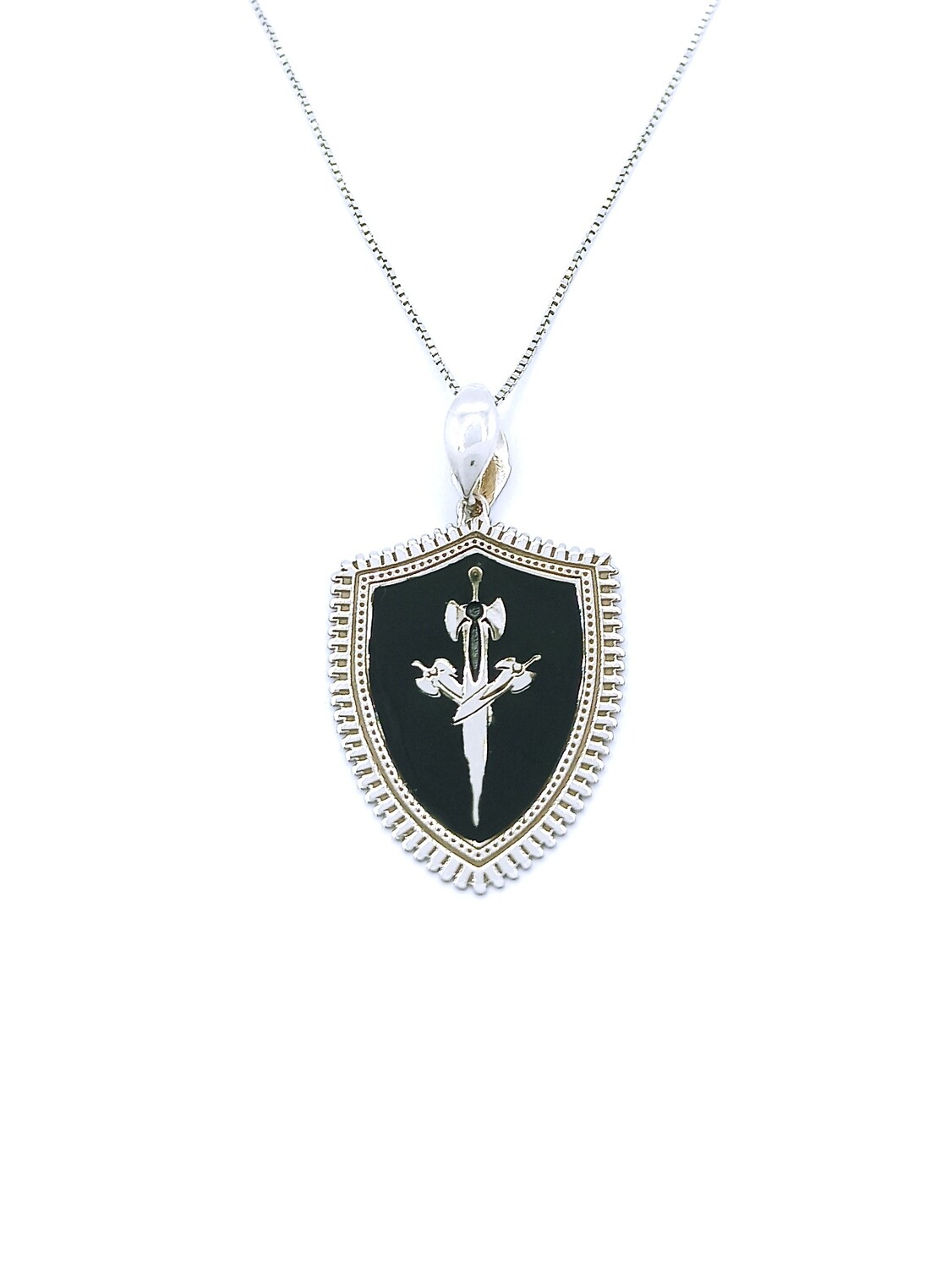 Silver 925 three sword shield design necklace, MODEL-STONE COLOR-PENDANT SIZE-CHAIN LENGTH: 1-Black enamel-Pendant Height: 3.3cm-Width: 2cm-Chain Length: 45cm