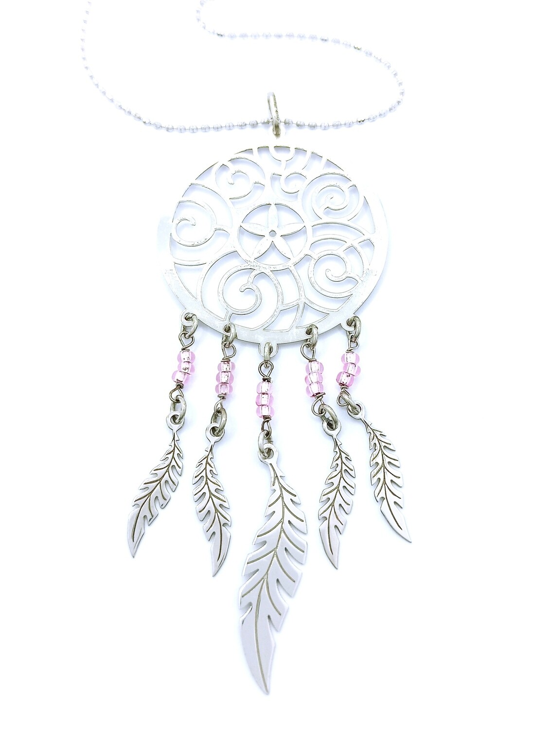 Silver 925 big dreamcatcher 5 feather necklace, MODEL-STONE COLOR-PENDANT SIZE-CHAIN LENGTH: 1-Pink-Pendant Height: 9cm-Width: 3.5cm-Chain Length: 60cm
