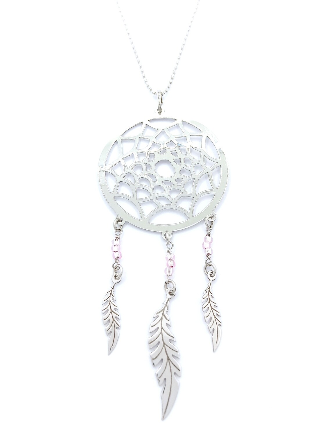 Silver 925 big dreamcatcher 3 feather necklace, MODEL-STONE COLOR-PENDANT SIZE-CHAIN LENGTH: 1-Pink-Pendant Height: 9.3cm-Width: 4cm-Chain Length: 60cm