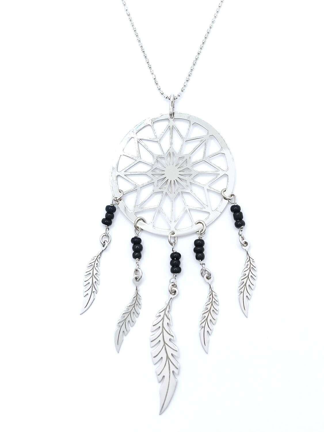 Silver 925 big dreamcatcher 5 feather necklace, MODEL-STONE COLOR-PENDANT SIZE-CHAIN LENGTH: 1-Black-Pendant Height: 8.8cm-Width: 3.7cm-Chain Length: 55cm
