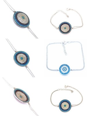 Silver 925 big evil eye design 2 chain hand bracelet