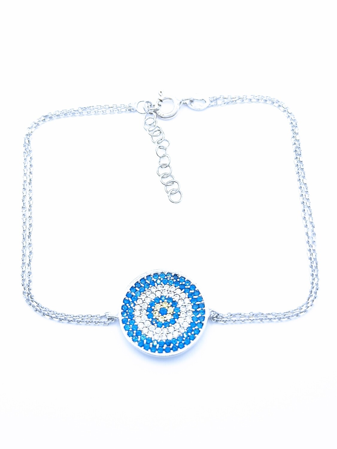 Silver 925 big evil eye design 2 chain hand bracelet, MODEL-EVIL EYE DIAMETER-CHAIN LENGTH: 1-Diameter: 1.4cm-Chain Length: 17+3cm adjustable