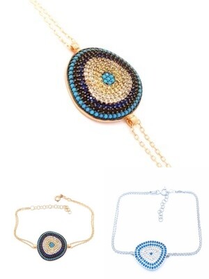 Silver 925 evil eye asymmetric 2 chain hand bracelet