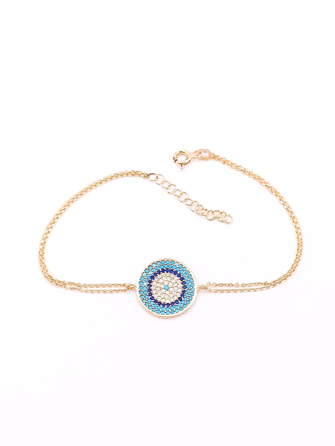 Silver 925 evil eye double chain bracelet, MODEL-EVIL EYE DIAMETER-CHAIN LENGTH: 1-DIAMETER 1.5cm-Chain Length: 16.5+2.5cm Adjustable