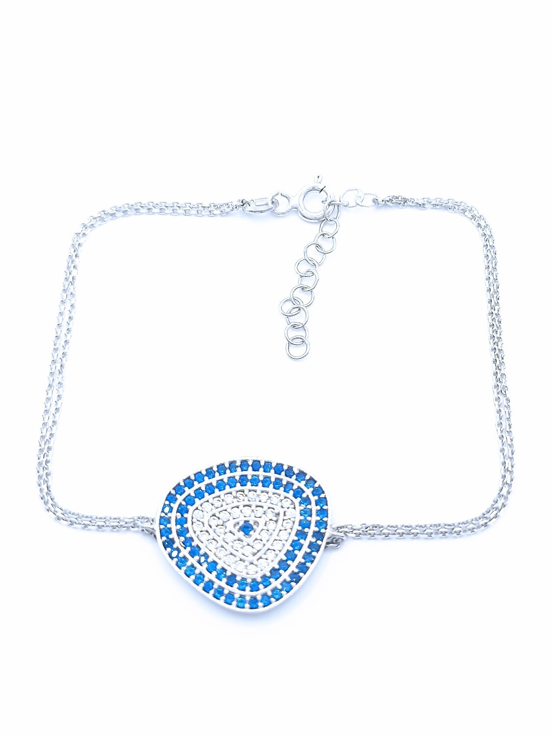 Silver 925 evil eye asymmetric 2 chain hand bracelet, MODEL-COLOR-EVIL EYE DIAMETER-CHAIN LENGTH: 1-White-Height: 1.6cm-Width: 1.8cm-Chain Length: 17+3cm adjustable