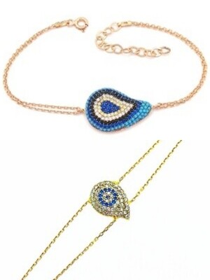 Silver 925 tear evil eye 2 chain gold bracelet