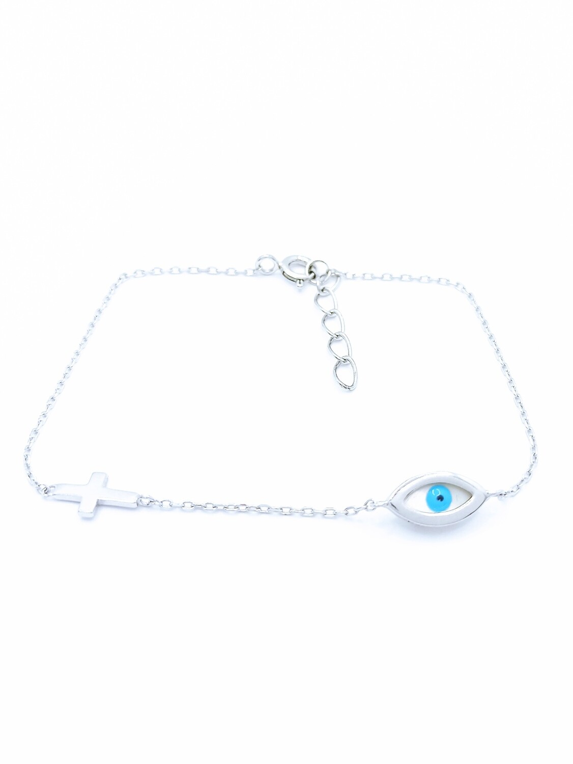 Silver 925 evil eye &amp; cross hand bracelet, COLOR: 1: White gold plated