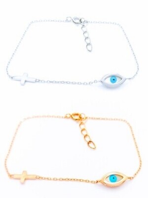 Silver 925 evil eye &amp; cross hand bracelet