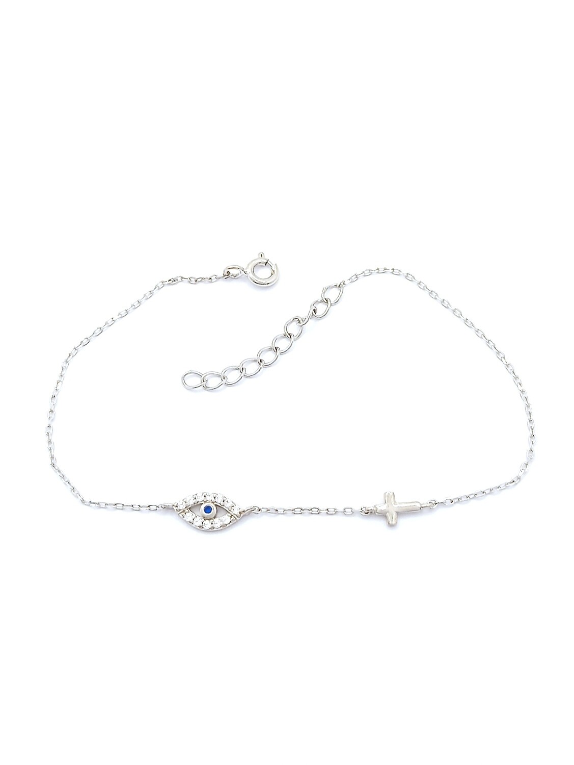 Silver 925 evil eye and cross bracelet, MODEL-COLOR-SIZE-CHAIN LENGTH: 1-White-Design Length: 0.5cm-Width: 0.9cm-Chain Length: 17+3cm adjustable