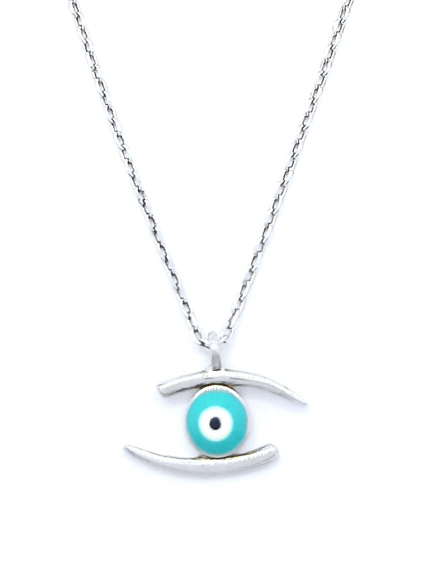 Silver 925 evil eye eye shape necklace, MODEL-COLOR-SIZE-CHAIN LENGTH: 1-White-Design Height: 0.9cm-Width: 1.4cm-Chain Length: 42+3cm Adjustable