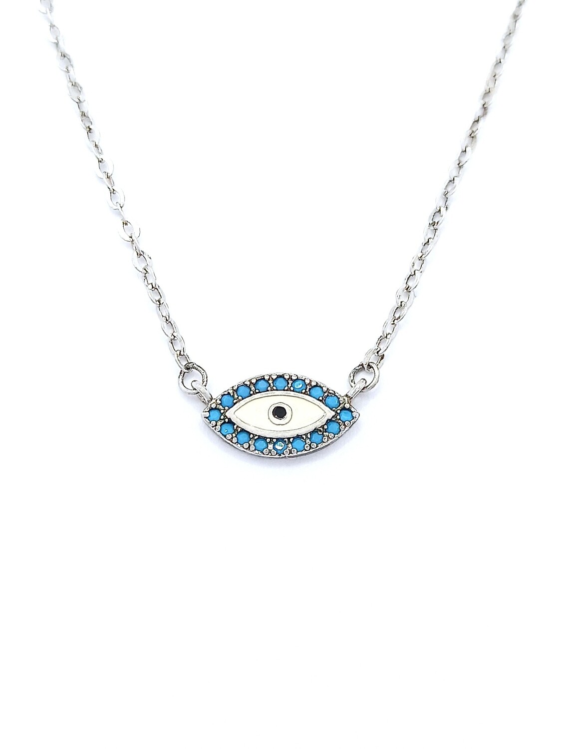 Silver 925 evil eye design necklace, MODEL-COLOR-SIZE-CHAIN LENGTH: 1-White-Pendant Height: 0.6cm-Width: 1.1cm-Chain Length: 42+3cm Adjustable