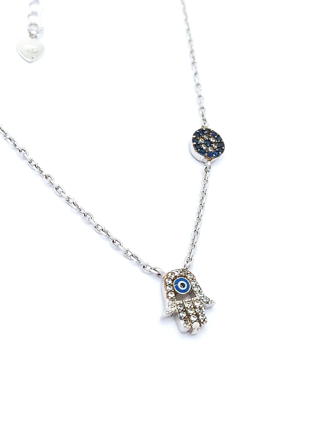 Silver 925 Hamsa with evil eye necklace, MODEL-SIZE-CHAIN LENGTH: 1-Design Height: 1cm-width: 0.9cm-Chain Length: 41+3cm Adjustable