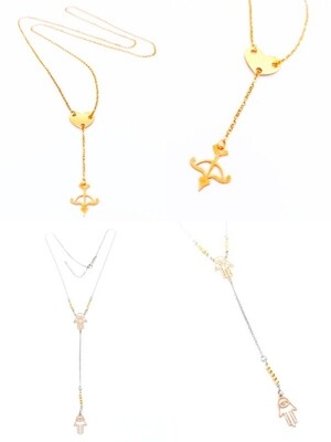 Silver 925 long heart arrow or hamsa rose tie necklace