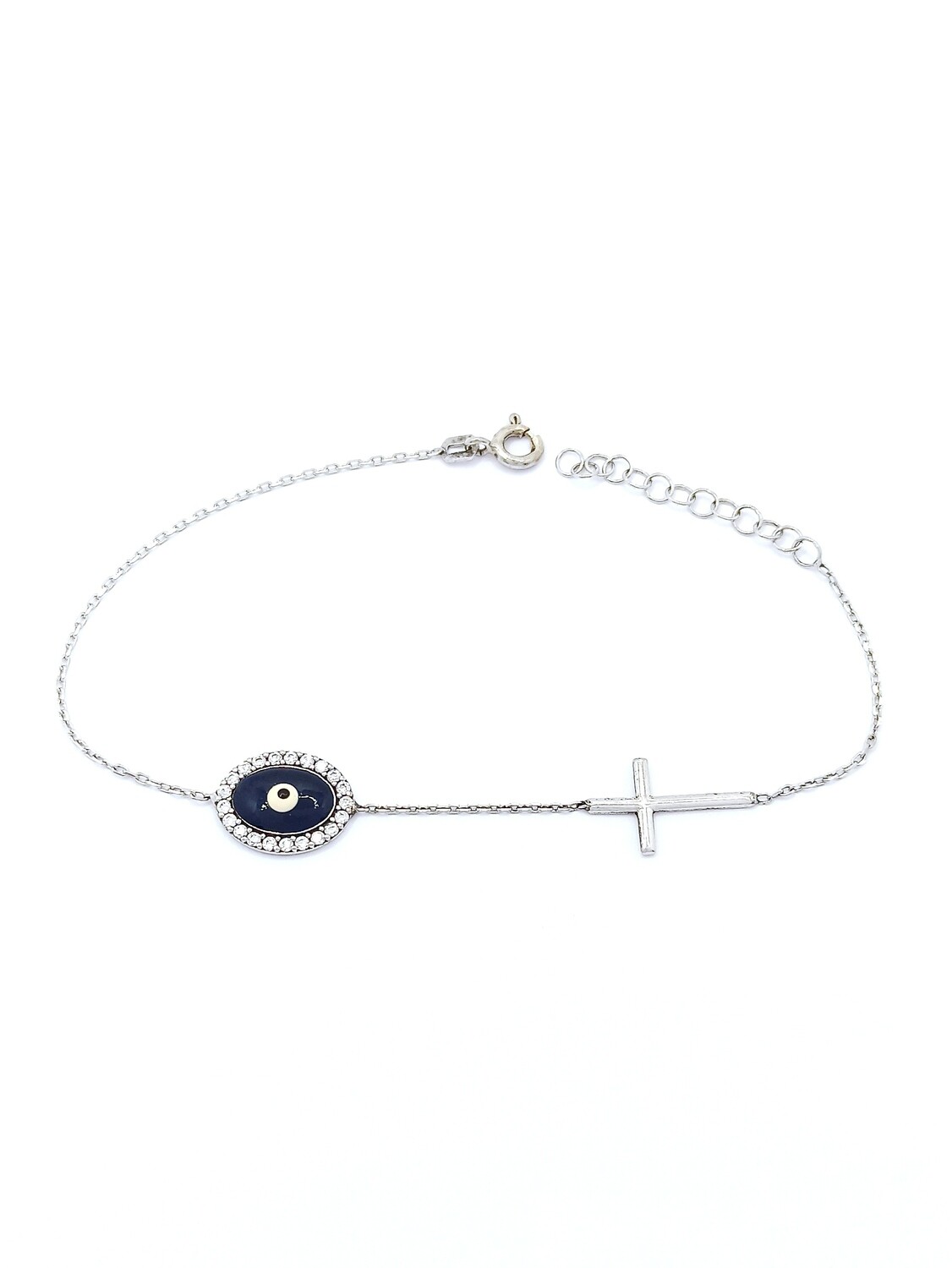 Silver 925 evil eye and cross bracelet, MODEL-DESIGN SIZE-CHAIN LENGTH: 1-Size: 1.2x1cm-Chain Length: 16+3cm Adjustable