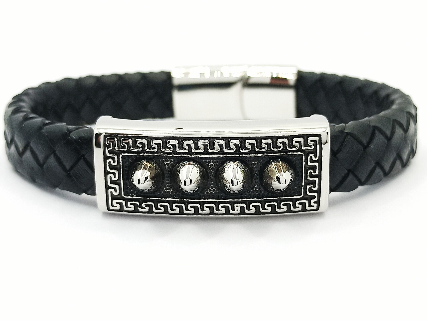 Steel leather Anker-Skull bikers Greek mens bracelet, MODEL-LEATHER COLOR-SIZE: 1-Meandros Bracelet- black leather-length 22cm