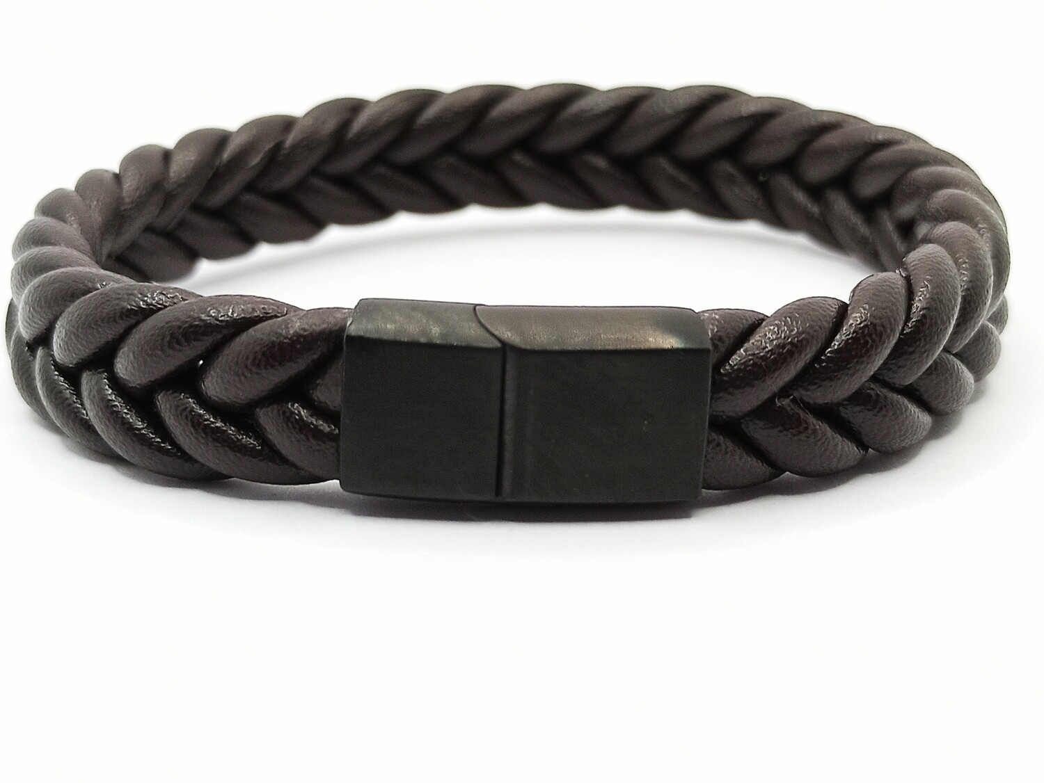 Stainless steel brown or black men bracelet, MODEL-LEATHER-LOCKER COLOR-LENGTH: 1-Bracelet brown leather-Black locker-Length 22.5cm