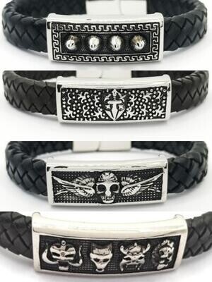 Steel leather Anker-Skull bikers Greek mens bracelet