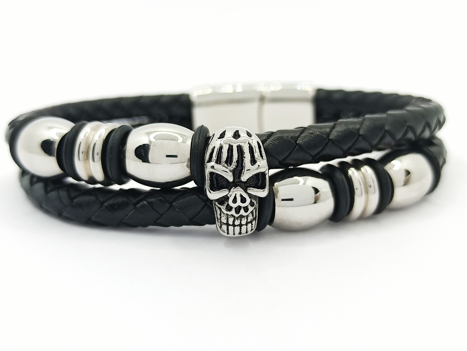 Stainless steel leather skull bikers mens bracelet, MODEL-SIZE: 1 Bracelet  22cm