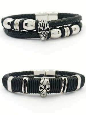 Stainless steel leather skull bikers mens bracelet