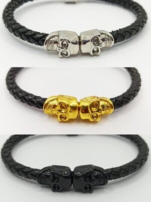 Stainless steel leather skull bikers mens bracelet