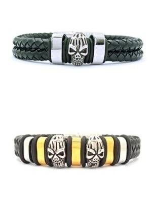 Stainless steel skull bikers mens bracelet black leather