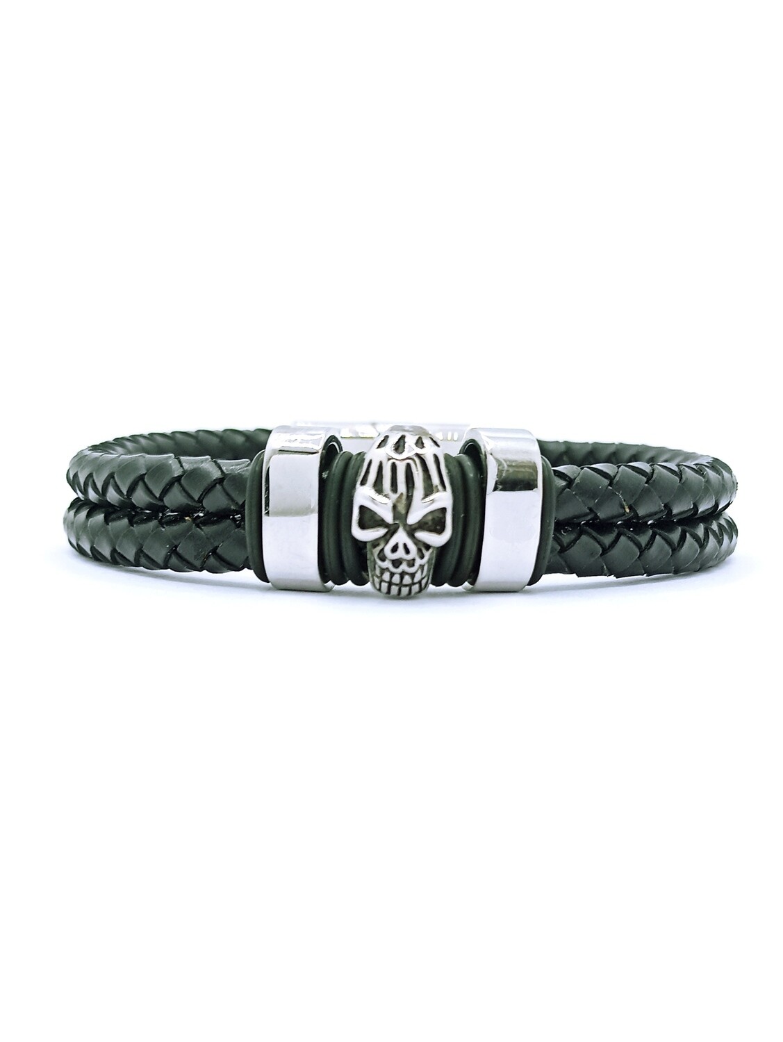 Stainless steel skull bikers mens bracelet black leather, MODEL-SIZE: 1-Bracelet Length: 19.5cm