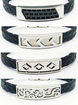 Stainless steel black &amp; silver leather men bracelet