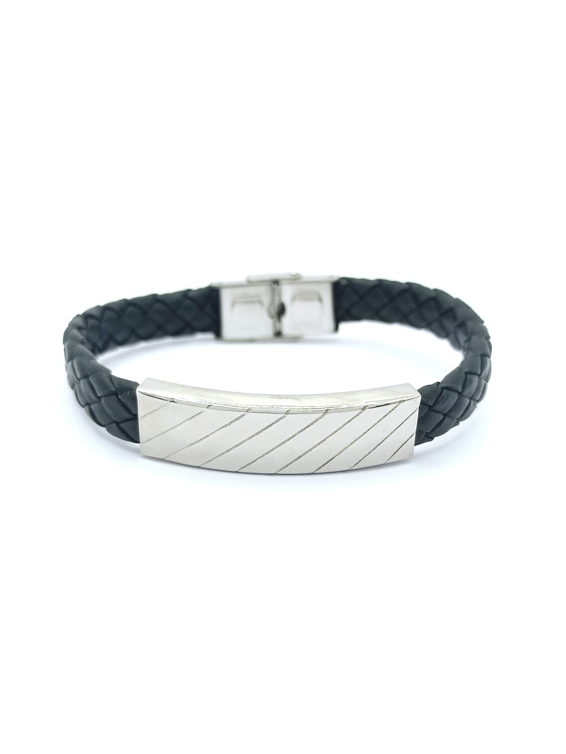 Stainless steel men bracelet on black leather, MODEL-COLOR-SIZE: 1-Silver-Bracelet Length: 20.5cm