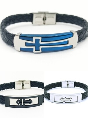Stainless steel blue or black leather mens bracelet