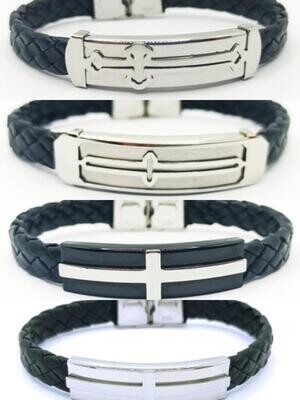 Stainless steel  leather cross mens bracelet