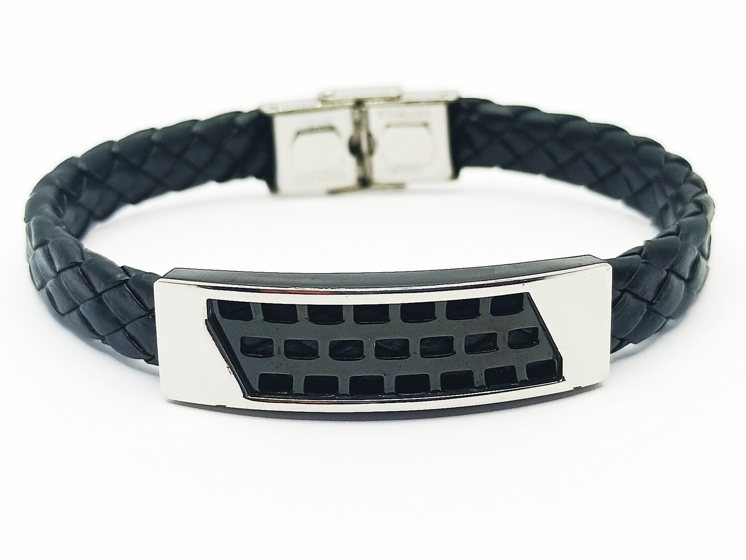 Stainless steel black &amp; silver leather men bracelet, MODEL-COLOR-SIZE: 1-Bracelet black and silver steel-Bracelet Length: 20.5cm