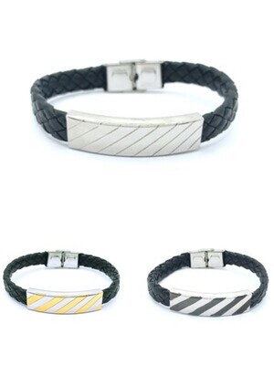 Stainless steel men bracelet on black leather