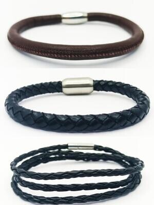 Stainless steel brown or black leather bracelet