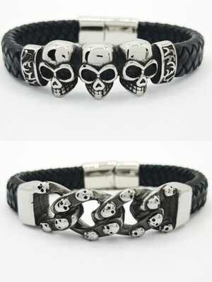 Stainless steel leather skull bikers mens bracelet