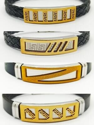 Stainless steel black leather Meandros bracelet