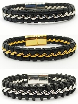 Stainless steel black leather men bracelet
