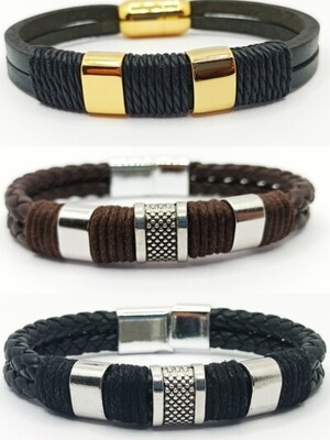 St.steel double leather mens bracelet