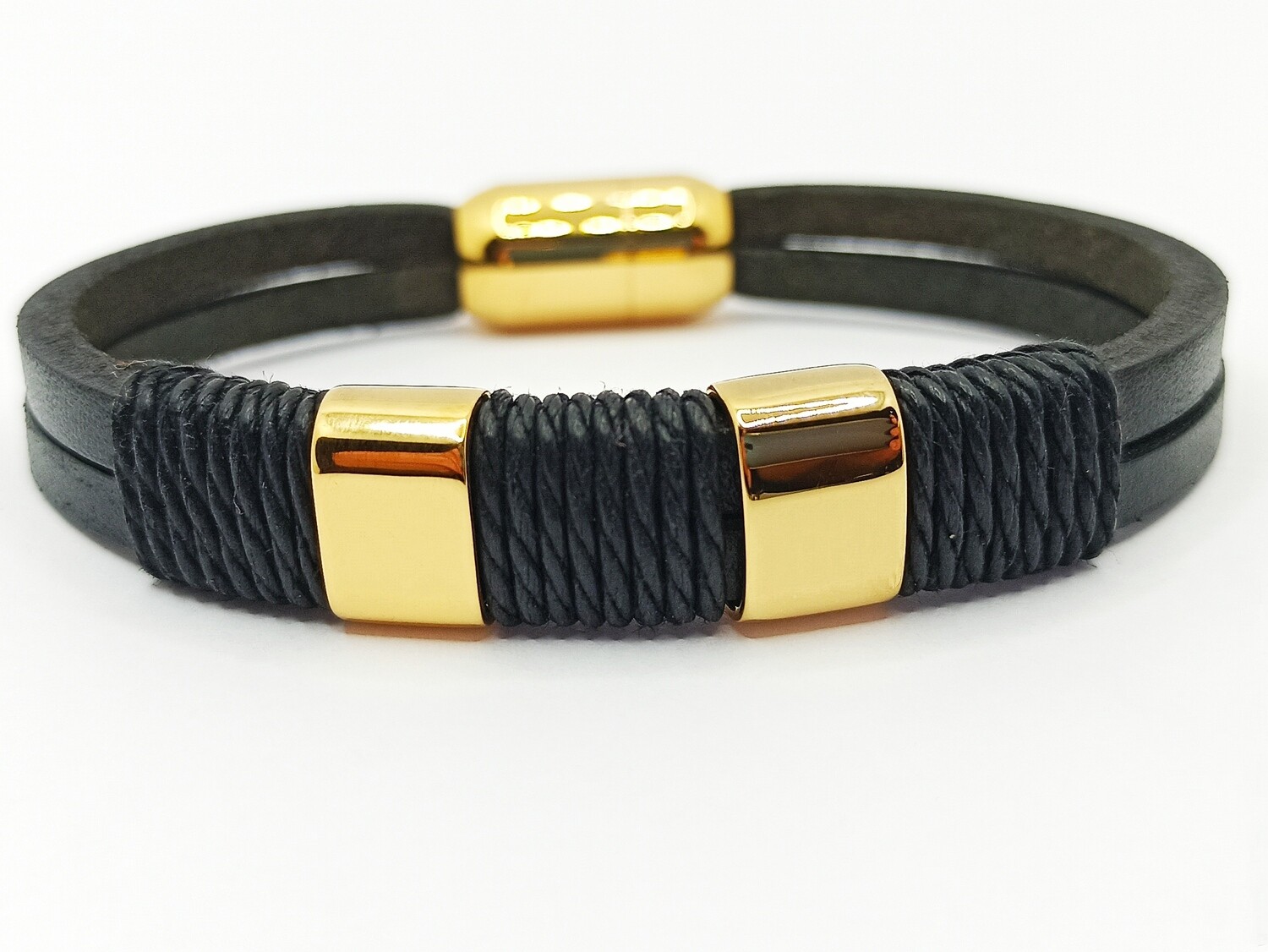 St.steel double leather mens bracelet, MODEL-COLOR: 1 Bracelet black leather gold steel 21cm length
