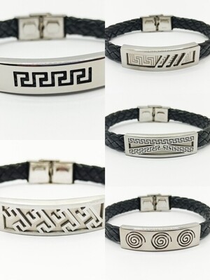 Stainless steel leather Meandros mens bracelet
